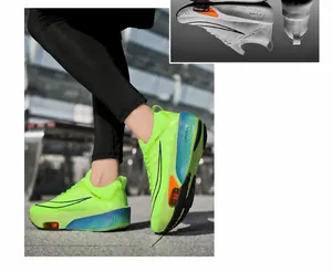 Détail de chaussures de sport avec coussin d'air orange translucide et tige en mesh aéré