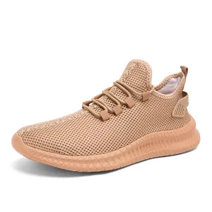 Khaki breathable mesh running shoes with thick cushioned soles and lace-up design