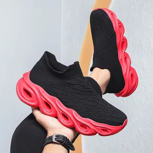Mens slip-on knit walking shoes with red breathable hollowed sole for fitness and sports