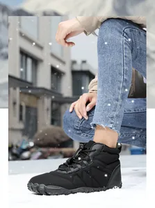 Detail of waterproof winter snow boot with quick-lace drawstring and non-slip rubber sole