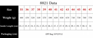 Detailed size chart for waterproof snow boots showing length and weight for sizes 35 to 47