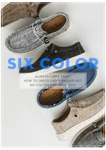 Vue détaillée de mocassins en toile montrant des semelles et diverses couleurs