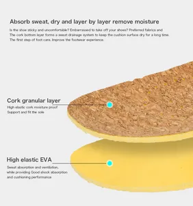 Détail de la couche de liège respirante et de la semelle intérieure en mousse EVA jaune