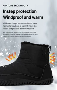 Detail showing waterproof fabric and thermal plush lining of black winter snow boots