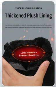 Detail view of thick black faux fur lining and side zipper for thermal winter boots