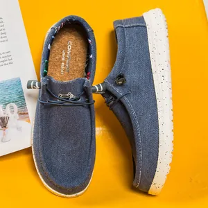 Mocassins en tissu bleu pour hommes et femmes avec semelle en liège et semelle blanche