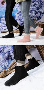 Detailed view of waterproof snow boots with side zippers and grippy rubber outsoles