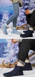 Detail showing side zipper, waterproof quilted nylon, and warm fleece lining on winter boots