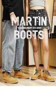 Close-up of unisex classic tan leather martin boots featuring thick non-slip rubber soles