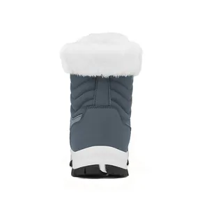 Rear view of gray winter snow boots with thick faux fur collar and anti-slip rubber sole