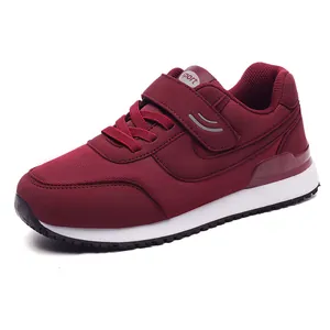 Burgundy breathable mesh walking shoes with Velcro and non-slip sole for elderly adults