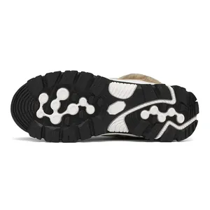 Detail of winter snow boot anti-slip rubber outsole with deep traction patterns
