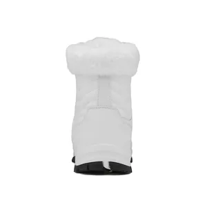 Rear view of white waterproof snow boot with fluffy faux fur collar and black rubber sole