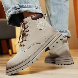 Classic beige high-top leather Martin boots for men featuring a thick non-slip rubber sole