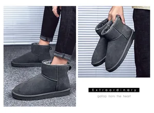Détails de bottes de neige en cuir gris foncé avec doublure en fourrure et semelles en gomme