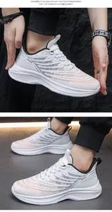 Detail of white breathable mesh sneakers featuring colorful side waves and cushioned soles
