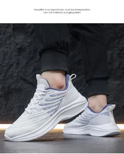 Detailed side view of breathable mesh sneakers with blue and purple dynamic stripes on white sole
