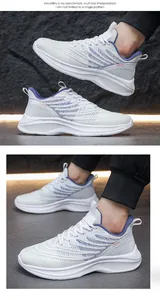 Detail of white mesh running shoes with blue stripes and thick cushioned anti-slip sole