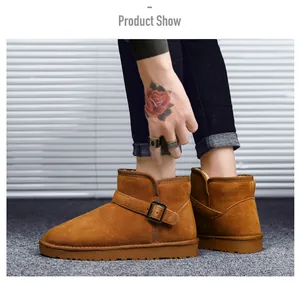 Detail view of chestnut leather snow boots with buckle strap and warm fur lining