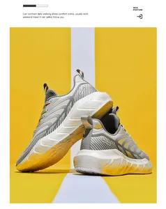 Detailed view of grey and yellow breathable mesh running shoes with thick cushioned soles