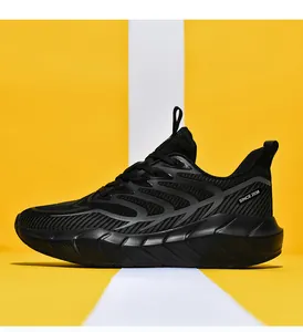 Detailed macro view of black mesh upper with SINCE 2038 logo on breathable running shoes