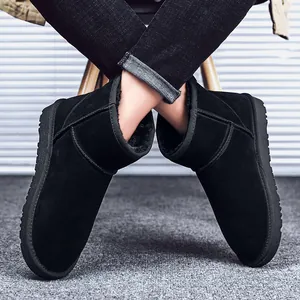 Bottes de Neige Unisexe en Cuir de Vachette Refendu Doublure Chaude en Fausse Fourrure Bottines d'Hiver Antidérapantes pour Hommes Femmes