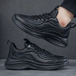 Men's lightweight black leather sneakers with durable thick sole and non-slip design