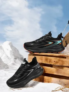 Close-up of waterproof winter running shoes on snow showing thermal cashmere lining
