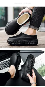 Details von wasserdichten schwarzen Winterschuhen mit dicker Sohle und warmem Plüschfutter