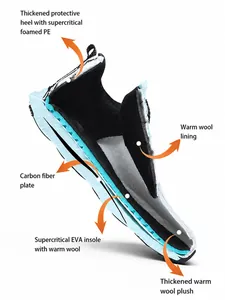 Cross-section of men sneaker showing warm wool lining, carbon plate and EVA cushioning