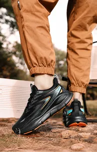 Macro detail of men sports running shoes with breathable mesh and thick cushioned soles
