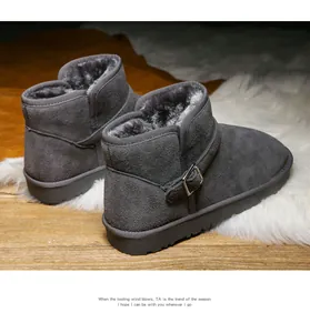 Macro detail of gray suede snow boots showing thick faux fur lining and side buckle strap
