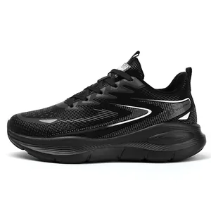 Detailed side view of black men's running sneaker with mesh upper and thick cushioning sole