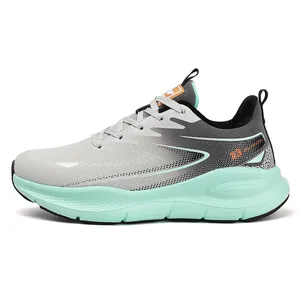 Detail view of the gray gradient running shoe with a mint green cushioned midsole
