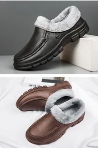Detail of warm plush lining and non-slip thick soles on leather winter loafers for men