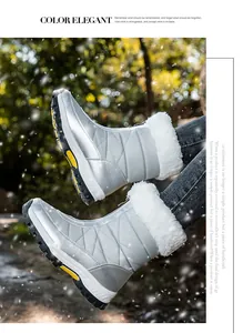 Detail van zilveren gewatteerde sneeuwlaars met nepbont kraag en antislip rubberen zool