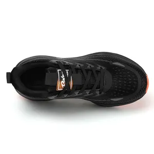 Detailed top view of black running shoe featuring breathable mesh fabric and sturdy laces