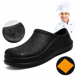 Detail showing waterproof upper and orange anti-slip patch on chef work shoes