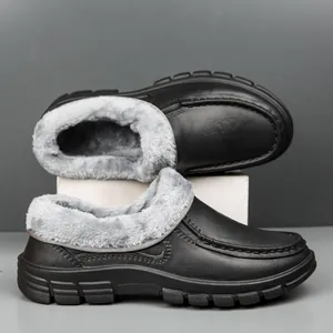 Waterproof black winter slip-on shoes for men with thick warm faux fur lining and anti-slip sole