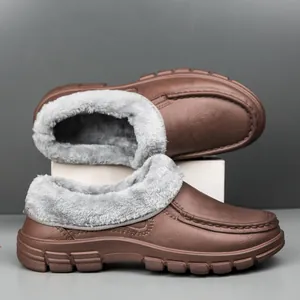 Waterproof dark brown winter casual shoes for men with warm grey faux fur lining