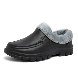 Winter faux leather loafers for men with warm grey plush lining and non-slip rubber soles