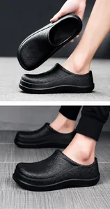 Close-up of lightweight black chef work shoes with non-slip sole and leather texture