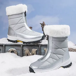 Zilveren wintersneeuwlaarzen met rits aan de voorzijde, imitatiebontkraag en antislipzool