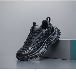 Detail of all-black chunky sneakers with breathable mesh and thick anti-slip sole