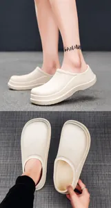 Macro shot of beige slip-resistant chef shoes with textured EVA material and closed design