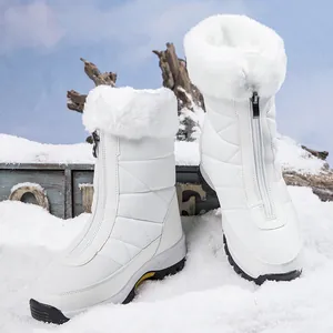Waterdichte witte sneeuwlaarzen voor dames met rits aan de voorkant en imitatiebont