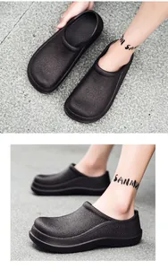 Detailed side and top views of black non-slip chef shoes with premium leather texture