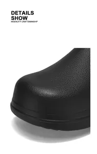 Close-up of black chef shoes with non-slip texture and reinforced round toe design