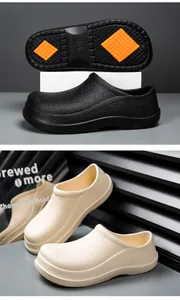 Close-up of non-slip orange sole texture and EVA material on professional chef work shoes