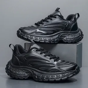 Men's Chunky Sneakers Fashion All Black Thick Sole Breathable Mesh Lightweight Sports Shoes Streetwear Dad Shoes Large Size